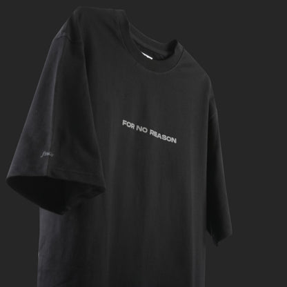 Front view of the black FNOR t-shirt from the Basics Collection, featuring the “For No Reason” logo.