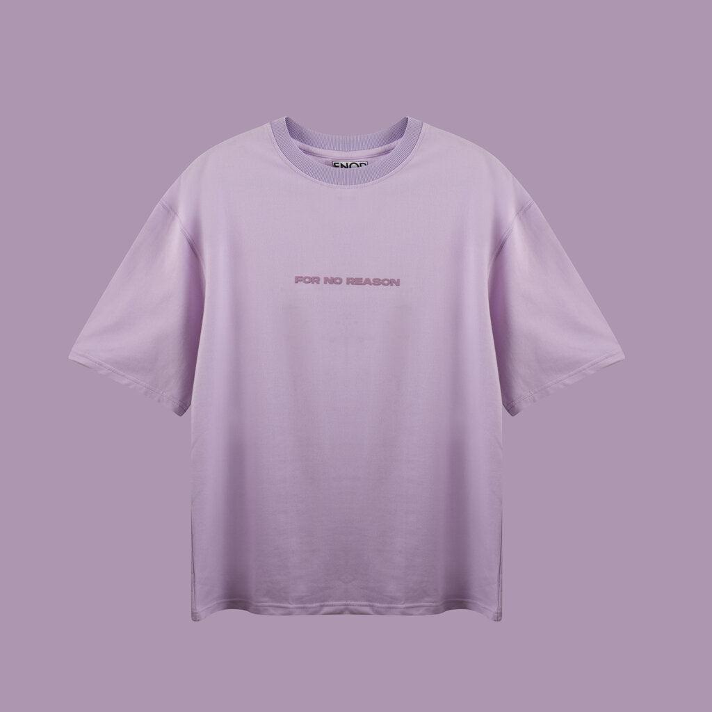 FNOR Basics lilac oversized t-shirt featuring minimalist “For No Reason” text, ideal for casual streetwear looks.