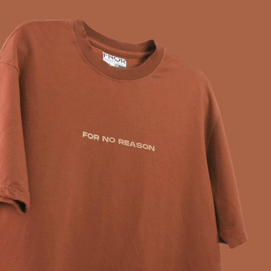 Coffee Brown FNOR oversized t-shirt with “For No Reason” logo in minimalist style.